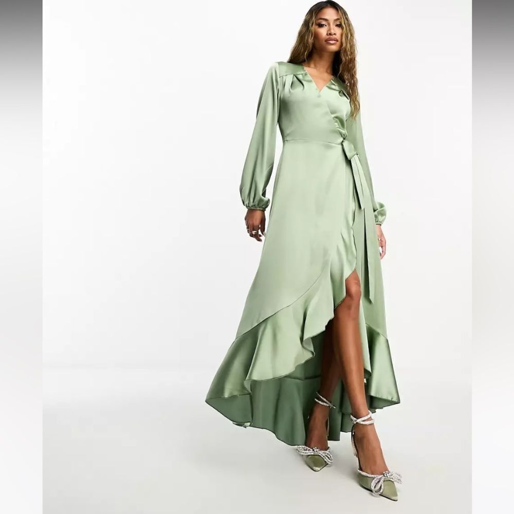 Ladies Flounce London long sleeve wrap maxi dress in light‎ khaki Size 18